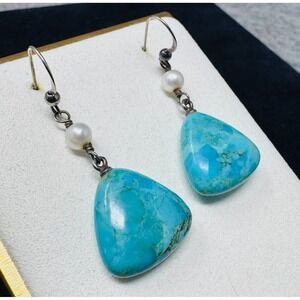 Vtg Sterling Silver Turquoise Earrings Dangle Stone Pearl Southwestern Native